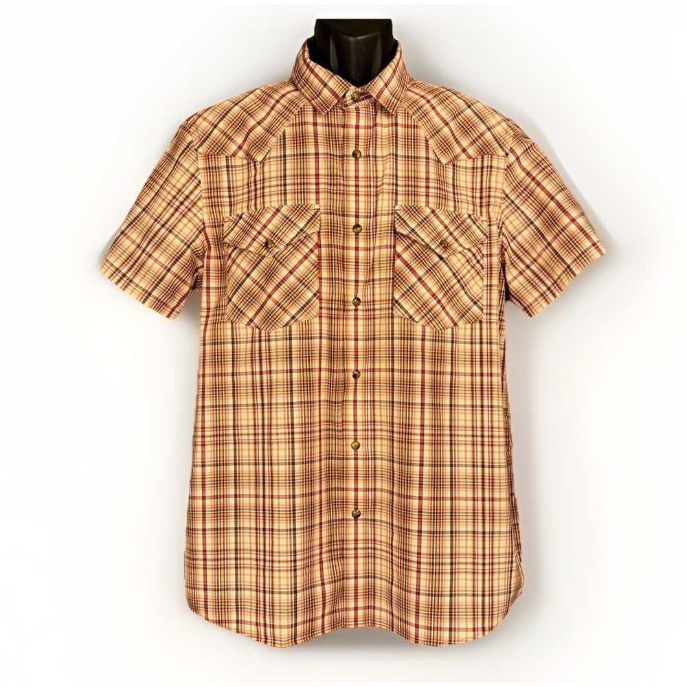 Pendleton Frontier Brown Plaid Pearl Snap Shirt LG Short Sleeve Western Cowboy